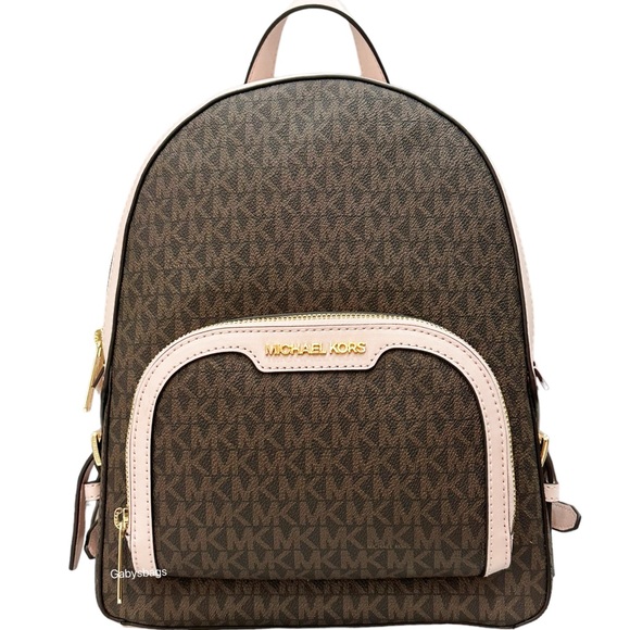Michael Kors Medium Zip Pocket Backpack Brown MK Powder Blush Pink - Picture 3 of 7